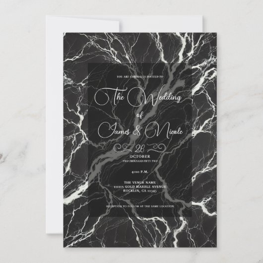 Chic Zwart & Wit Trendmarmer Glamour Bruiloft Kaart (Voorkant)