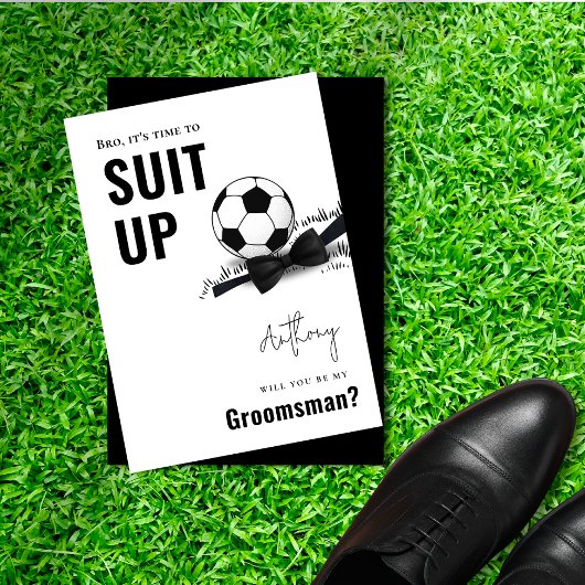 Chic Zwart & Wit Tuxedo Suit Up Voetbal Groomsman Kaart
