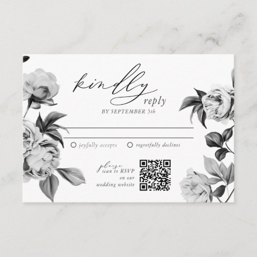 Chic Zwart & Witte Bloemige Trouw RSVP Informatiekaartje (Voorkant)
