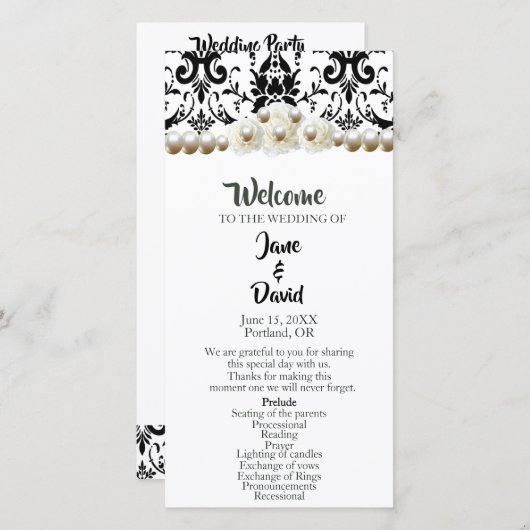 Chic Zwart & Witte Damast Parel Bruiloftsprogramma (Voorkant / Achterkant)