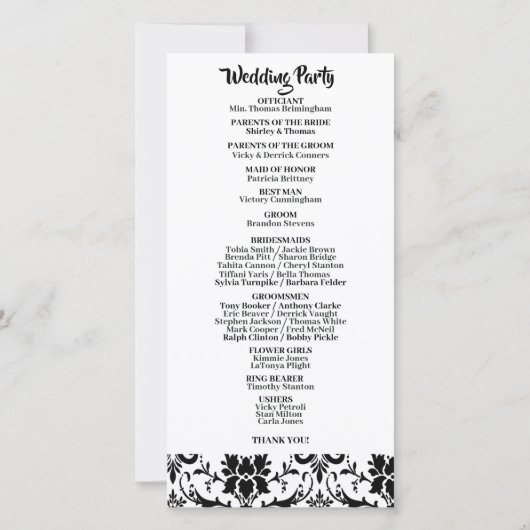 Chic Zwart & Witte Damast Parel Bruiloftsprogramma (Achterkant)