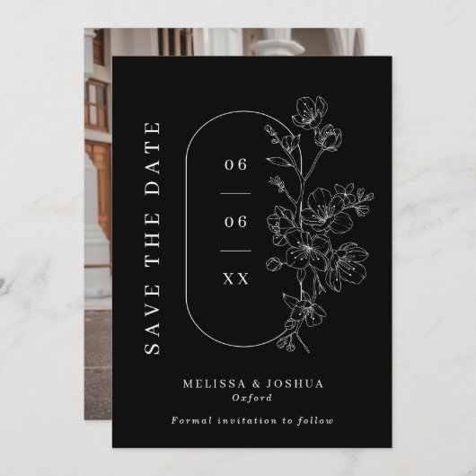 Chic Zwart & Witte Lijn Getrokken Bloemen Foto Huw Save The Date (Voorkant / Achterkant)