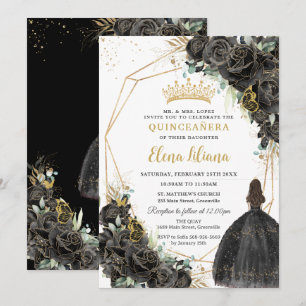 Chic Zwarte Bloemrozen Gouden Quinceanera Sweet 16 Kaart