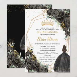 Chic Zwarte Bloemrozen Gouden Quinceanera Sweet 16 Kaart