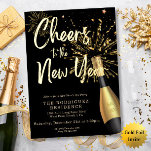 Chic Zwarte Champagne Proost op het Nieuwe Jaar Go Folie Uitnodiging