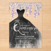 Chic zwarte jurk roze kristal druppels Quinceanera Acryl Uitnodigingen (Voorkant)