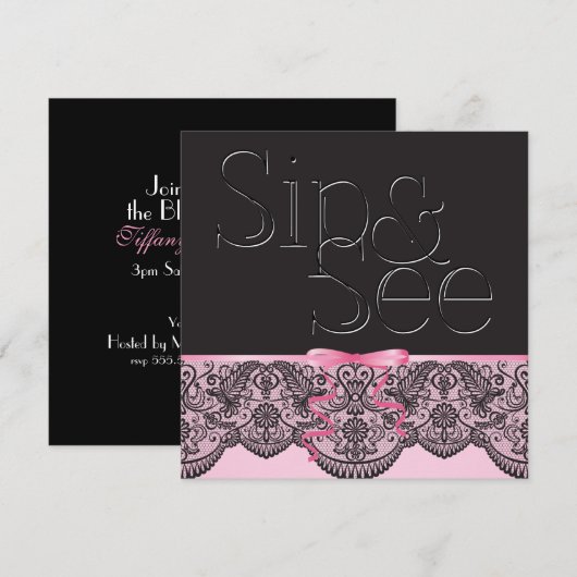 Chic zwarte kant en roze sip en zie 2 kaart (Voorkant / Achterkant)