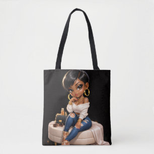 Chic Zwarte Vrouw Illustratie Boodschappentas – Tote Bag