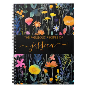 Chic zwarte waterverf wilde bloemen naam Recept Notitieboek