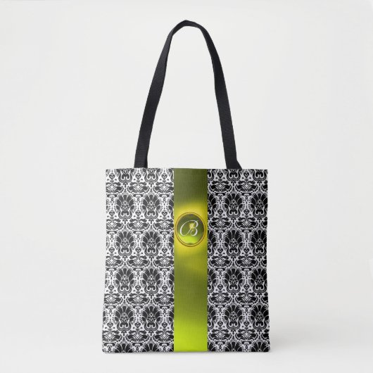 CHIC ZWARTE WITTE DAMASK, GEMSTONMONOGRAM TOTE BAG (Voorkant)