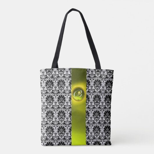 CHIC ZWARTE WITTE DAMASK, GEMSTONMONOGRAM TOTE BAG (Achterkant)