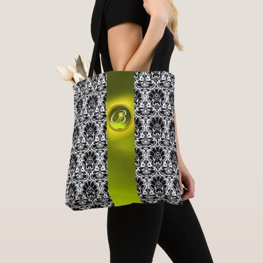 CHIC ZWARTE WITTE DAMASK, GEMSTONMONOGRAM TOTE BAG (Dichtbij)