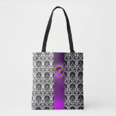 CHIC ZWARTE WITTE DAMASK, PAARSE GEMSTONMONOGRAM TOTE BAG (Voorkant)