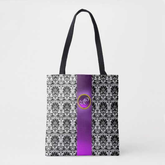 CHIC ZWARTE WITTE DAMASK, PAARSE GEMSTONMONOGRAM TOTE BAG (Voorkant)