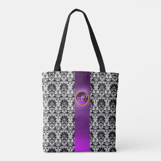 CHIC ZWARTE WITTE DAMASK, PAARSE GEMSTONMONOGRAM TOTE BAG (Achterkant)