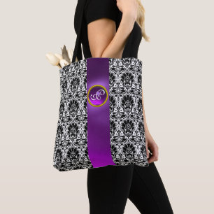 CHIC ZWARTE WITTE DAMASK, PAARSE GEMSTONMONOGRAM TOTE BAG