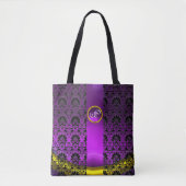 CHIC ZWARTE WITTE DAMASK, PAARSE GEMSTONMONOGRAM TOTE BAG (Voorkant)