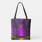 CHIC ZWARTE WITTE DAMASK, PAARSE GEMSTONMONOGRAM TOTE BAG (Achterkant)