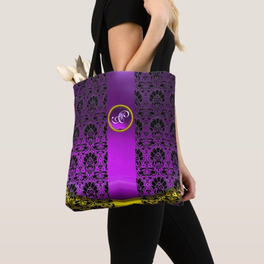CHIC ZWARTE WITTE DAMASK, PAARSE GEMSTONMONOGRAM TOTE BAG (Dichtbij)