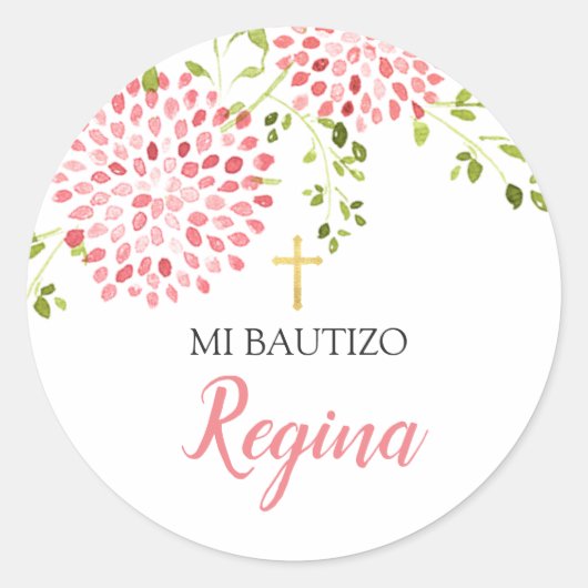 Chica de bautismo Flores rosadas Pegatina redondo Ronde Sticker (Voorkant)