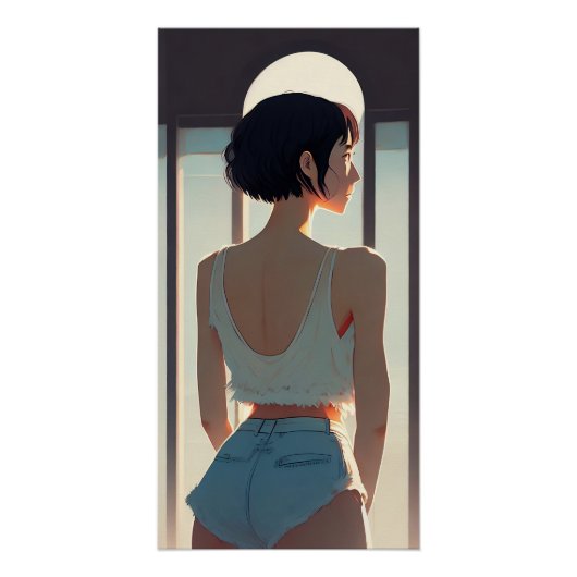 Chica usando shorts de mezclilla ilustración anime perfect poster (Voorkant)