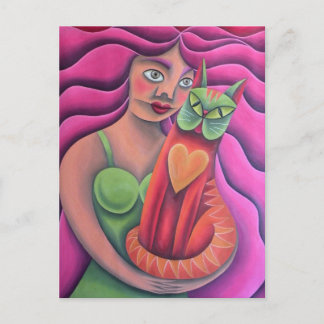 Chica y su gato verde pintura óleo arte briefkaart