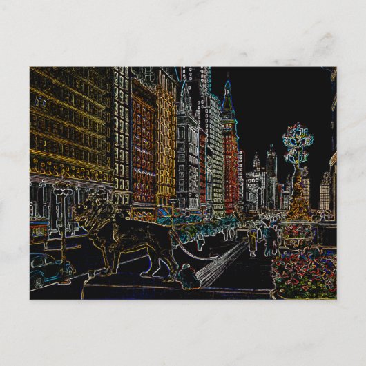 CHICAGO ART INSTITUTE LIONS MICHIGAN AVE NEON 1930 BRIEFKAART (Voorkant)