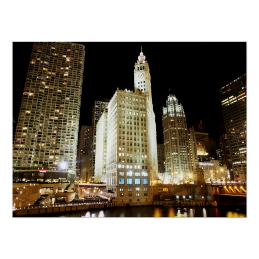 Chicago beroemd landmerk 's nachts poster (Voorkant)