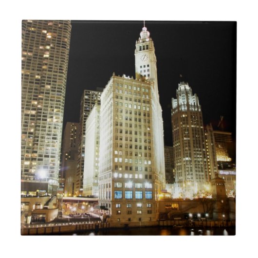 Chicago beroemd landmerk 's nachts tegeltje (Voorkant)