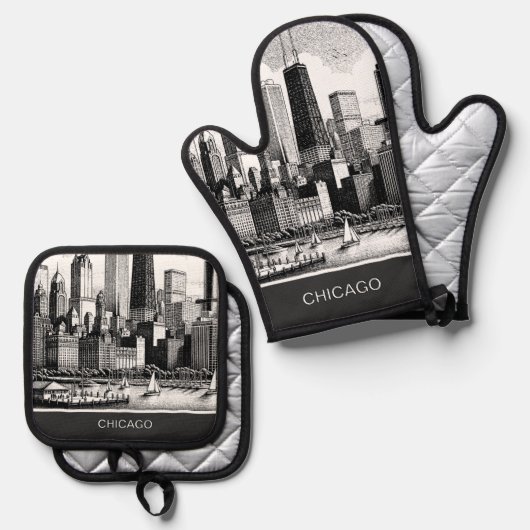 Chicago Black White Ovenwant & Pannenlap Set (Voorkant / Achterkant)