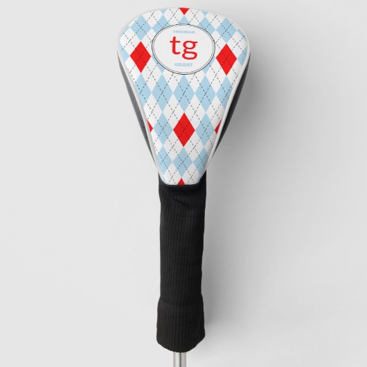 Chicago Blauw & Rood Argyle Patroon Modern Monogra Golfheadcover (Voorkant)
