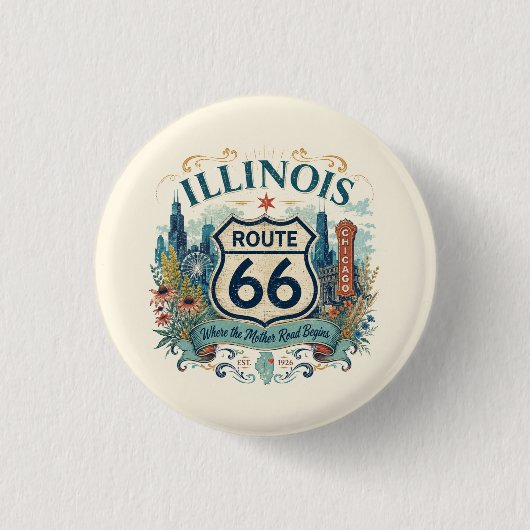 Chicago Bloemrijke Route 66 Midwest Boho Sfeer Ronde Button 3,2 Cm (Voorkant)