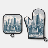Chicago Blue White Ovenwant & Pannenlap Set (Voorkant)