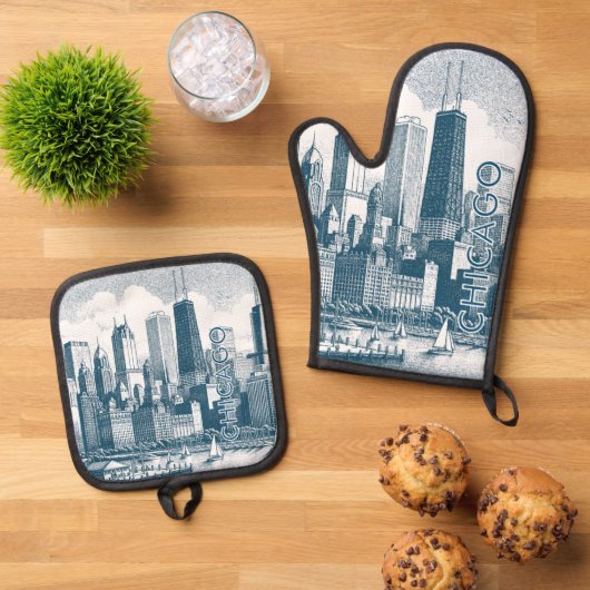 Chicago Blue White Ovenwant & Pannenlap Set (Top down)