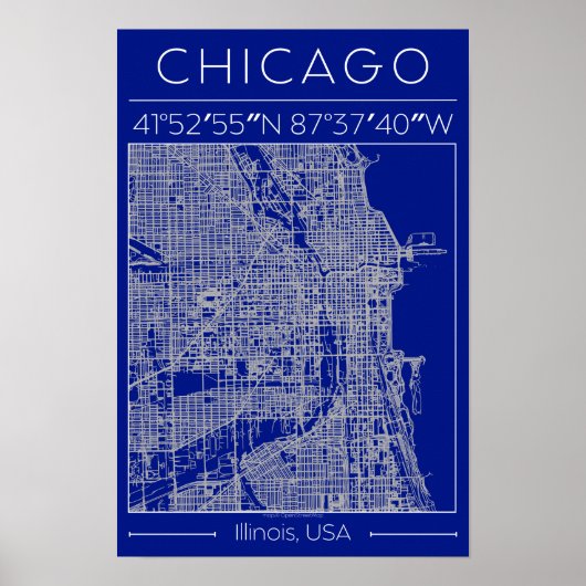 Chicago Blueprint City Map Poster Blue Minimalist (Voorkant)