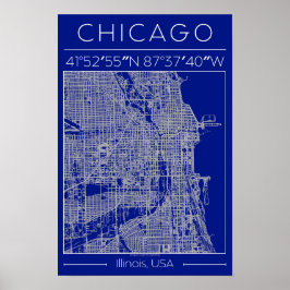 Chicago Blueprint Stad Kaart Poster Blauw Minimali