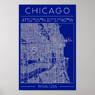 Chicago Blueprint Stad Kaart Poster Blauw Minimali
