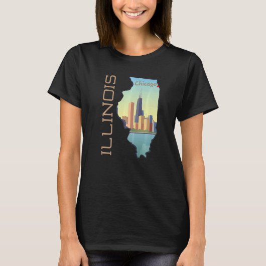 Chicago City Skyline in Illinois State Map T-shirt (Voorkant)