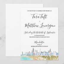 Chicago City Skyline Watercolor Wedding Invitation