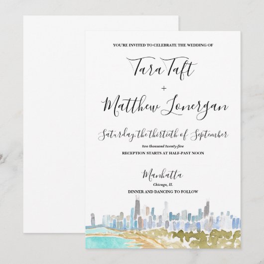 Chicago City Skyline Watercolor Wedding Invitation Kaart (Voorkant / Achterkant)