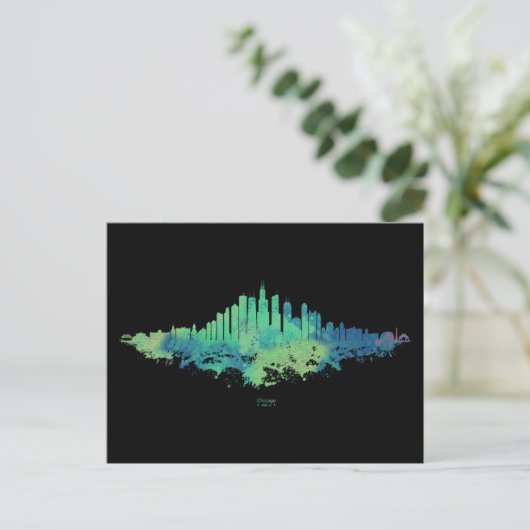 Chicago City Skyline Waterverf in blauw en groen Briefkaart (Staand voorkant)