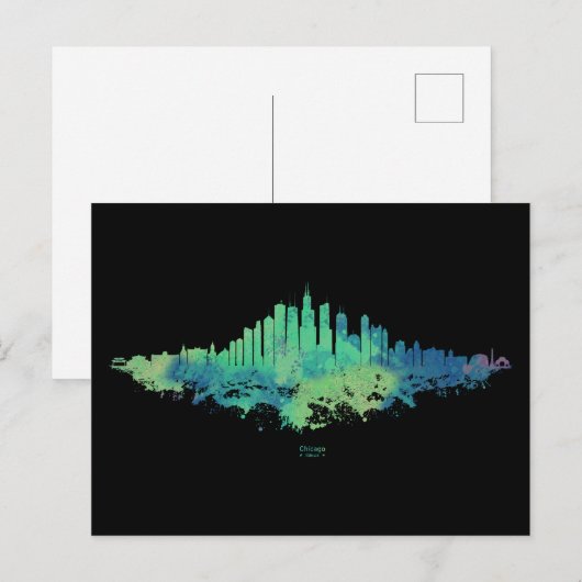 Chicago City Skyline Waterverf in blauw en groen Briefkaart (Voorkant / Achterkant)