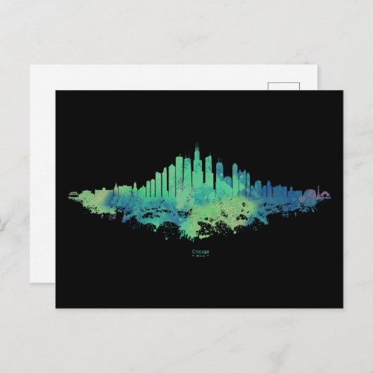 Chicago City Skyline Waterverf in blauw en groen Feestdagenkaart (Voorkant / Achterkant)