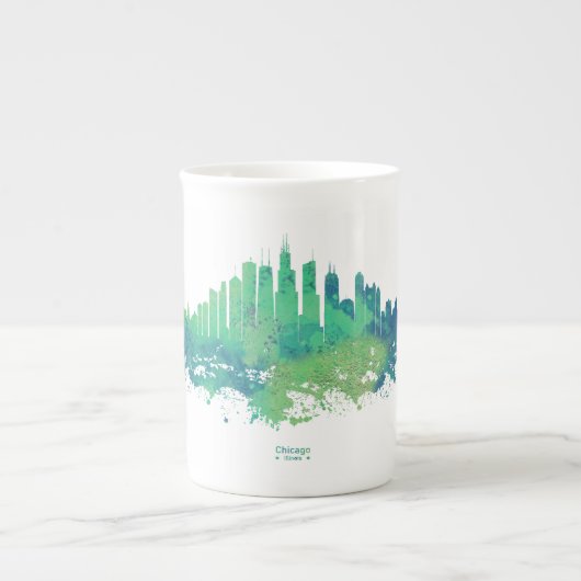 Chicago City Skyline Waterverf in blauw en groen Porselein Kop (Voorkant)