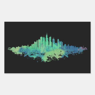 Chicago City Skyline Waterverf in blauw en groen Rechthoekige Sticker