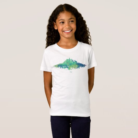 Chicago City Skyline Waterverf in blauw en groen T-shirt (Voorkant volledig)