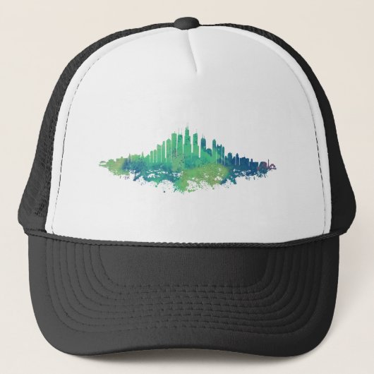 Chicago City Skyline Waterverf in blauw en groen Trucker Pet (Voorkant)