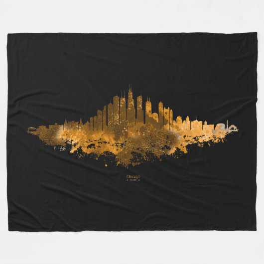 Chicago City Skyline Waterverf in sinaasappel Fleece Deken (Voorkant (Horizontaal))