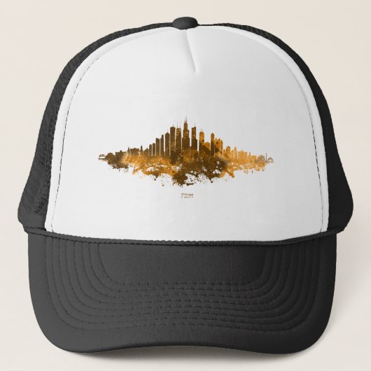 Chicago City Skyline Waterverf in sinaasappel Trucker Pet (Voorkant)