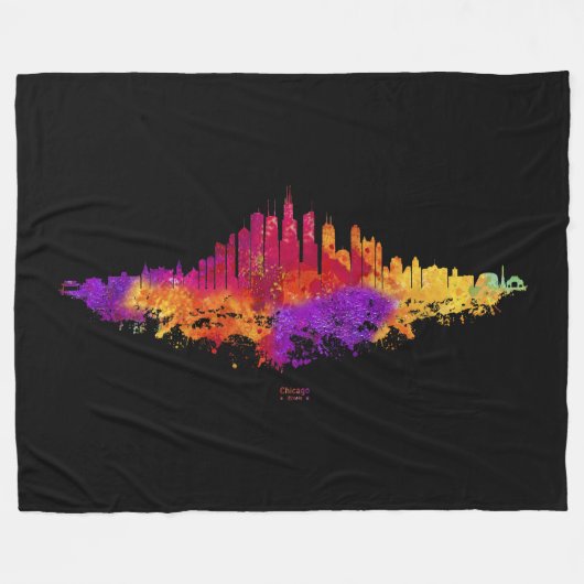 Chicago City Skyline Waterverf op wit Fleece Deken (Voorkant (Horizontaal))
